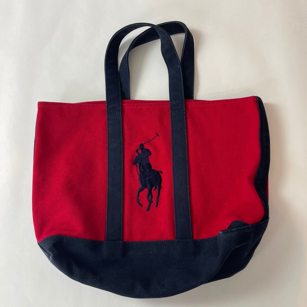 Polo Ralph Lauren Tote Bag Canvas Red Navy Blue Big Pony Y2K Casual Beach Preppy